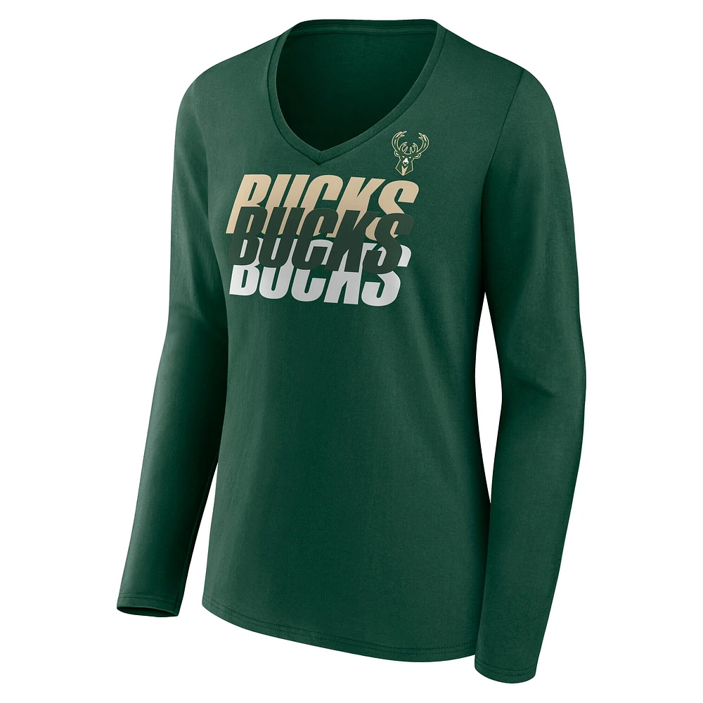 T-shirt à manches longues et col en V emblématique des Milwaukee Bucks Fanatics Hunter Green pour femmes