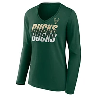T-shirt à manches longues et col en V emblématique des Milwaukee Bucks Fanatics Hunter Green pour femmes