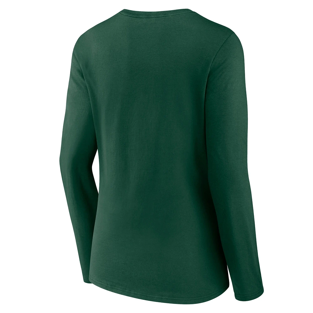 T-shirt à manches longues et col en V emblématique des Milwaukee Bucks Fanatics Hunter Green pour femmes