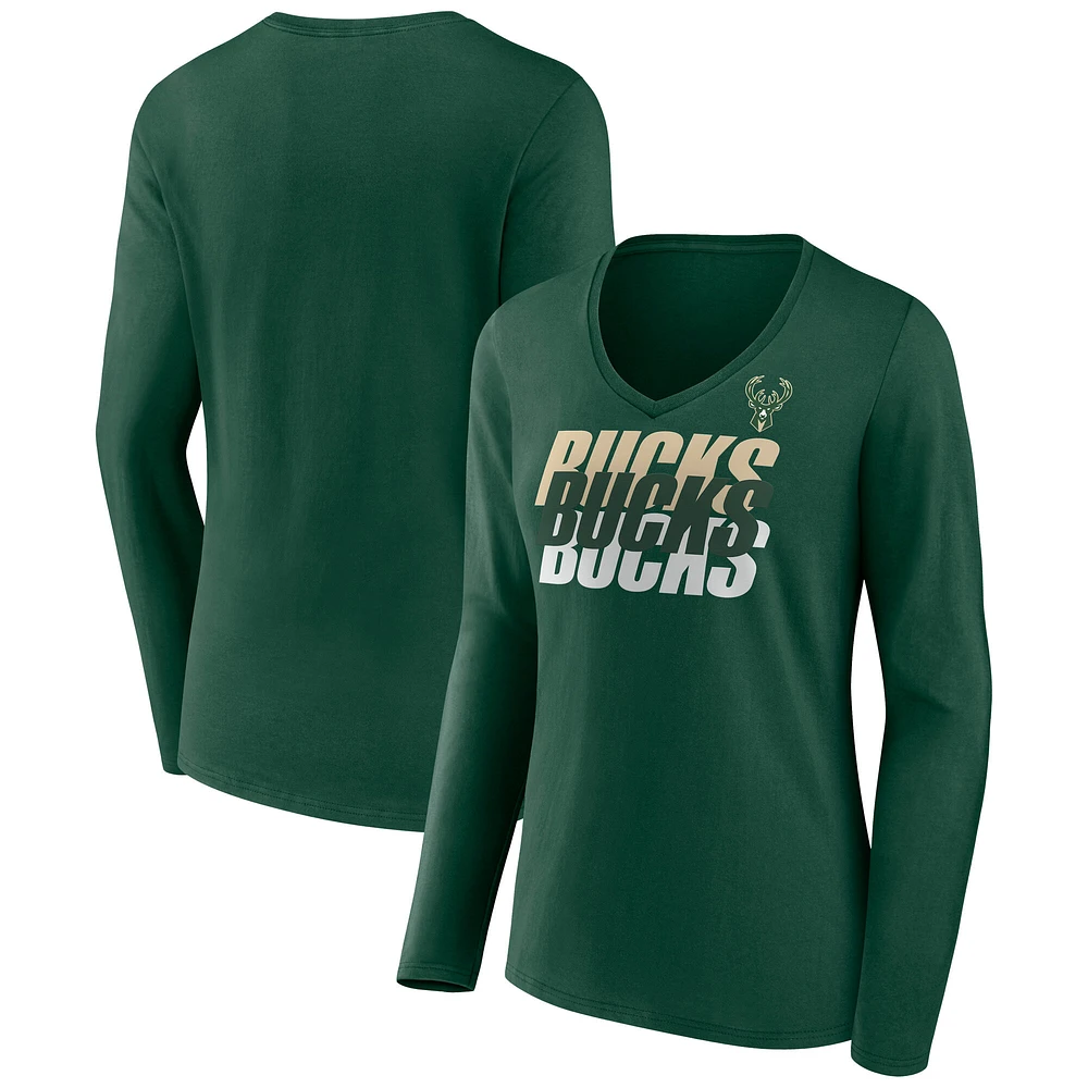 T-shirt à manches longues et col en V emblématique des Milwaukee Bucks Fanatics Hunter Green pour femmes