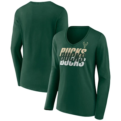T-shirt à manches longues et col en V emblématique des Milwaukee Bucks Fanatics Hunter Green pour femmes
