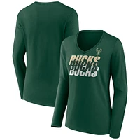 T-shirt à manches longues et col en V emblématique des Milwaukee Bucks Fanatics Hunter Green pour femmes