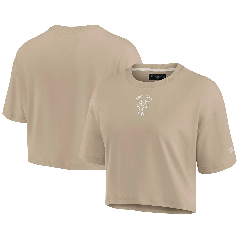 Women's Fanatics Khaki Milwaukee Bucks Elements Super Soft Boxy Cropped T-Shirt