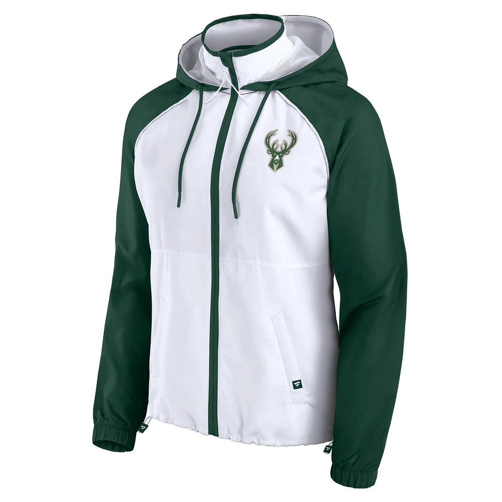 Women's Fanatics White/Hunter Green Milwaukee Bucks Anorak Raglan Full-Zip Hoodie Jacket