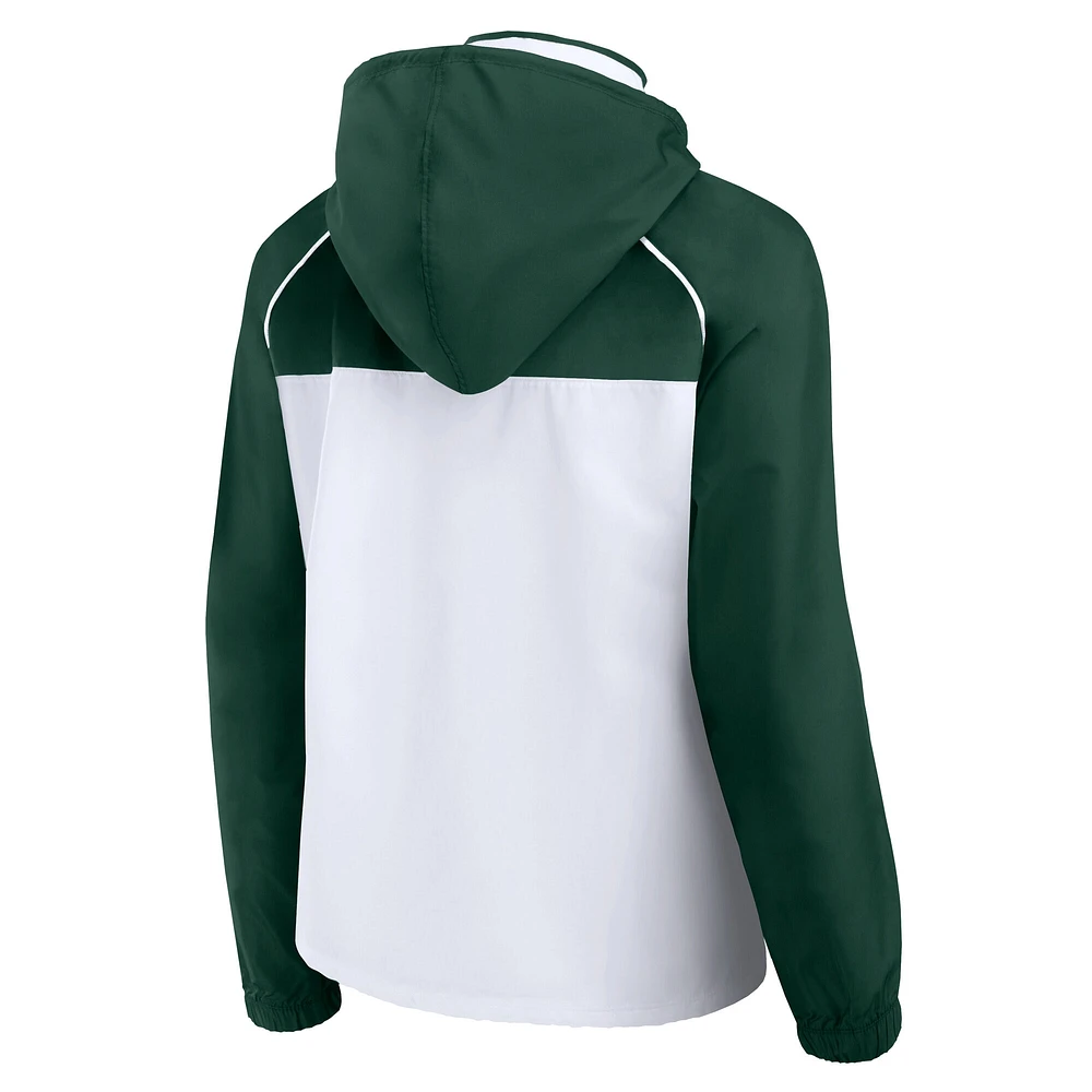 Women's Fanatics White/Hunter Green Milwaukee Bucks Anorak Raglan Full-Zip Hoodie Jacket