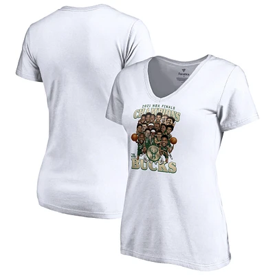 T-shirt blanc à col en V Fanatics pour femmes Milwaukee Bucks 2021 NBA Finals Champions Team Caricature Roster