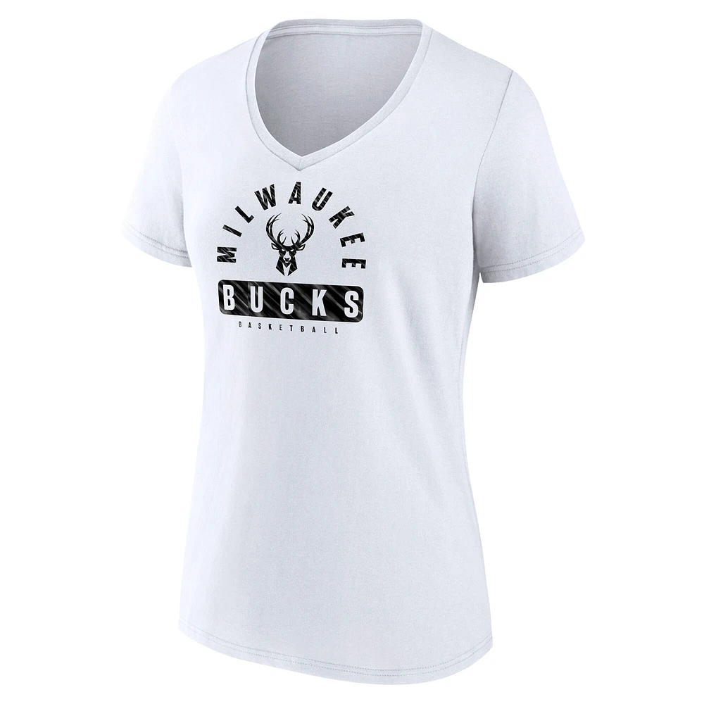 T-shirt à col en V blanc Milwaukee Bucks Fanatics pour femme