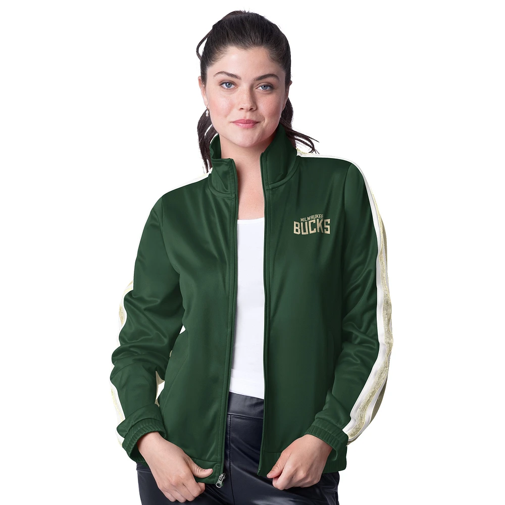 Veste de survêtement entièrement zippée G-III 4Her par Carl Banks pour femme, vert chasseur/crème, Milwaukee Bucks Rebel Sequin Bling