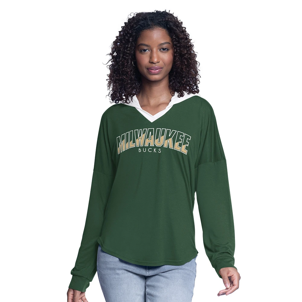 Haut à capuche surdimensionné manches longues pour femme G-III 4Her par Carl Banks Hunter Green Milwaukee Bucks Bench Player