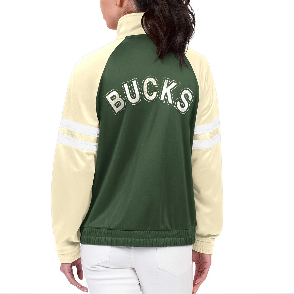 Veste de survêtement entièrement zippée G-III 4Her par Carl Banks pour femmes Hunter Green Milwaukee Bucks Main Player Raglan strass