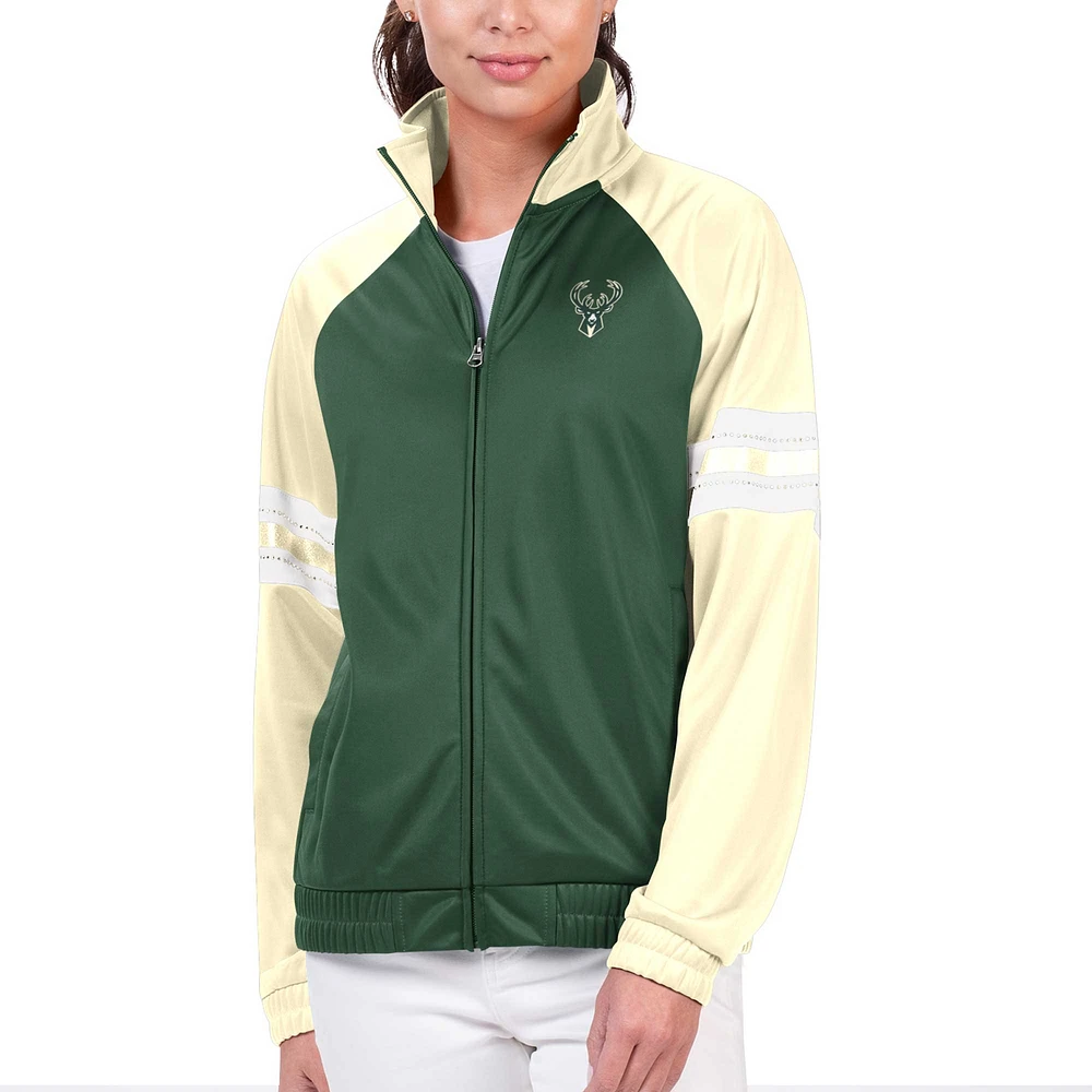 Women's G-III 4Her by Carl Banks Hunter Green Milwaukee Bucks Main Player Raglan Rhinestone Full-Zip Track Jacket