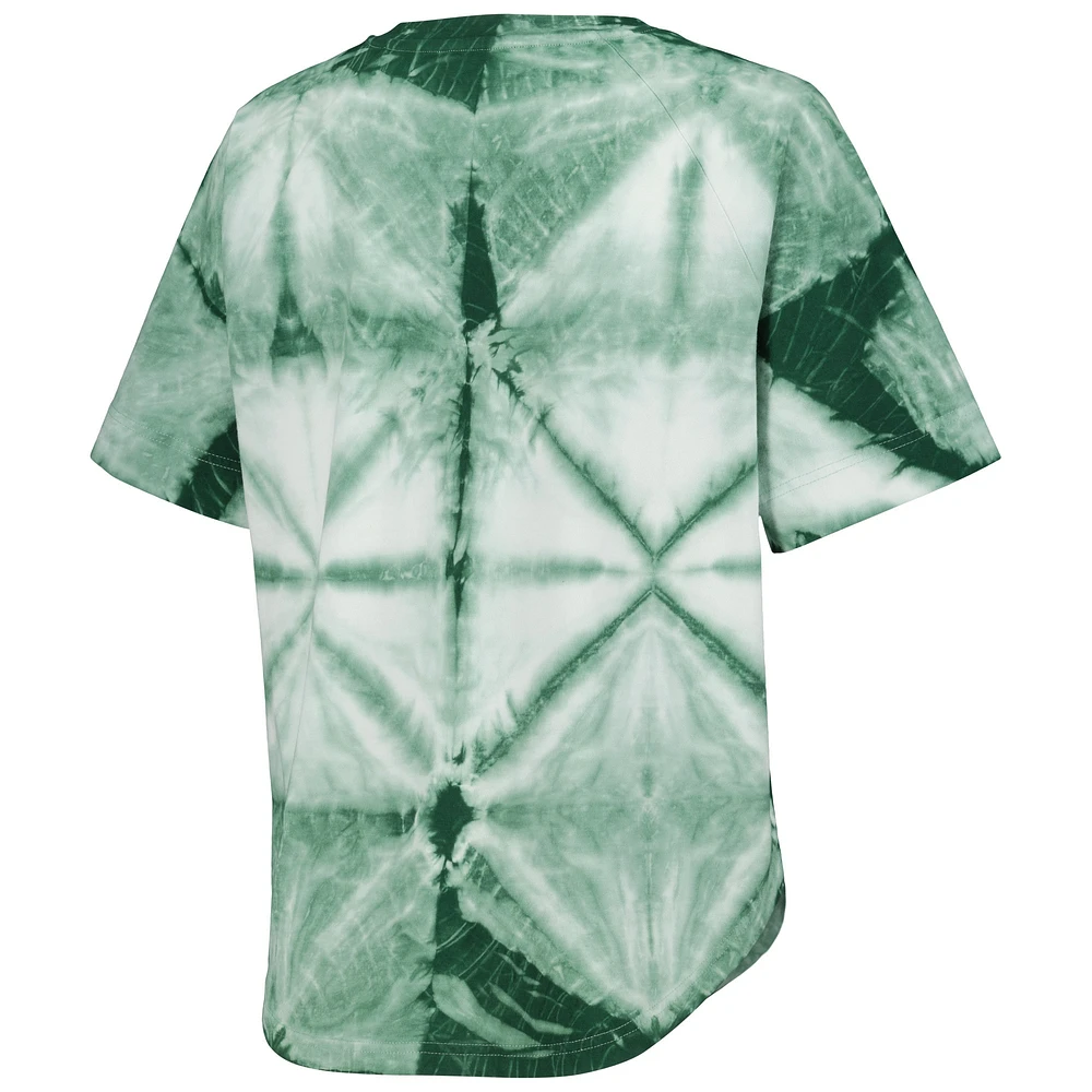 Women's G-III 4Her by Carl Banks Hunter Green Milwaukee Bucks Tournament Raglan Oversized Tie-Dye V-Neck T-Shirt