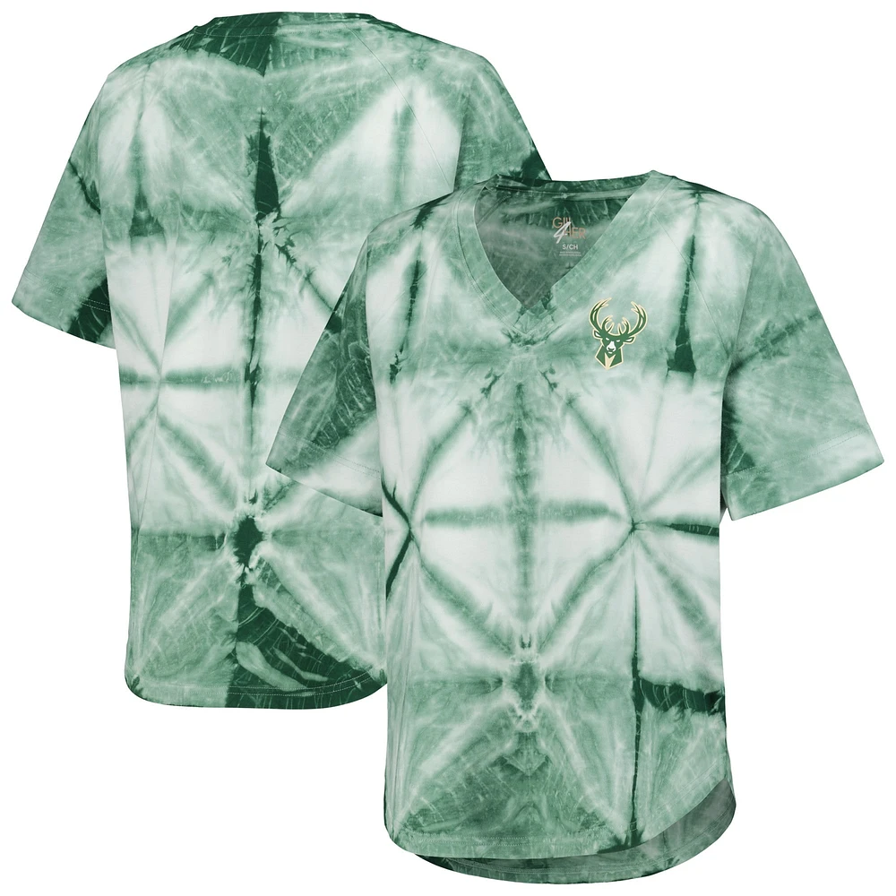 Women's G-III 4Her by Carl Banks Hunter Green Milwaukee Bucks Tournament Raglan Oversized Tie-Dye V-Neck T-Shirt