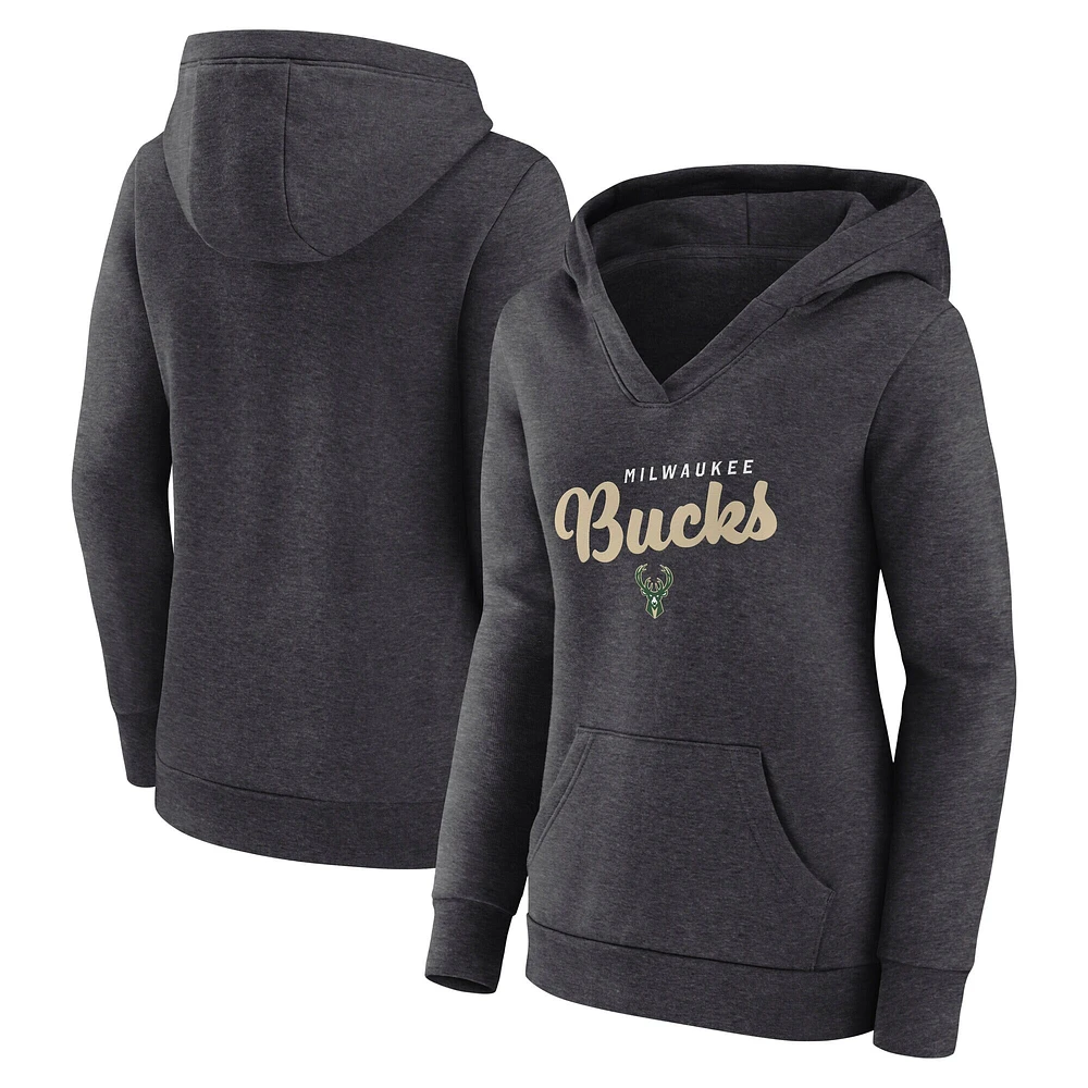 Women's  Heather Charcoal Milwaukee Bucks Triumphant V-Neck Pullover Hoodie