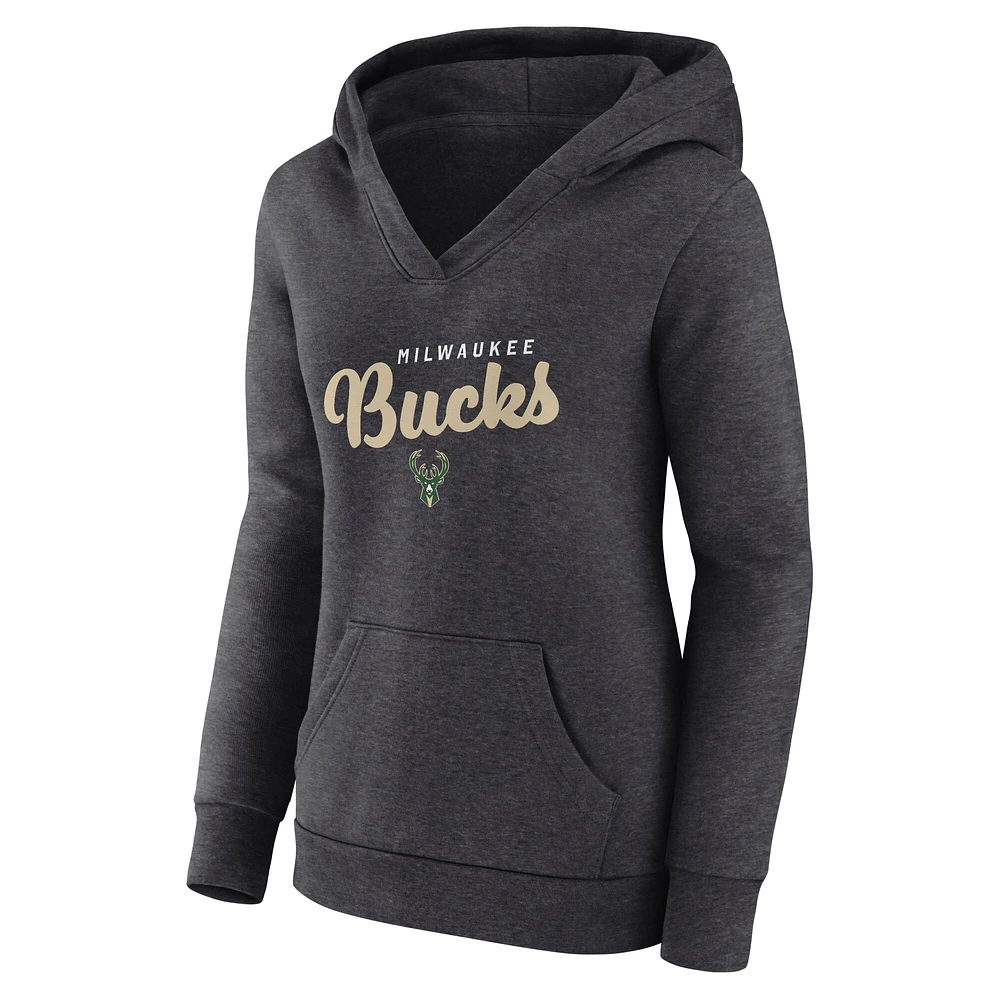 Women's  Heather Charcoal Milwaukee Bucks Triumphant V-Neck Pullover Hoodie