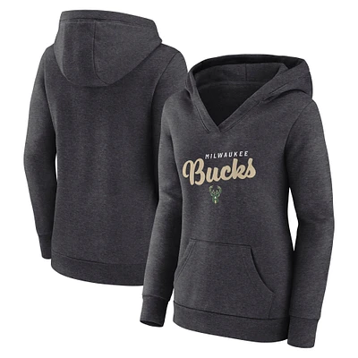Women's  Heather Charcoal Milwaukee Bucks Triumphant V-Neck Pullover Hoodie