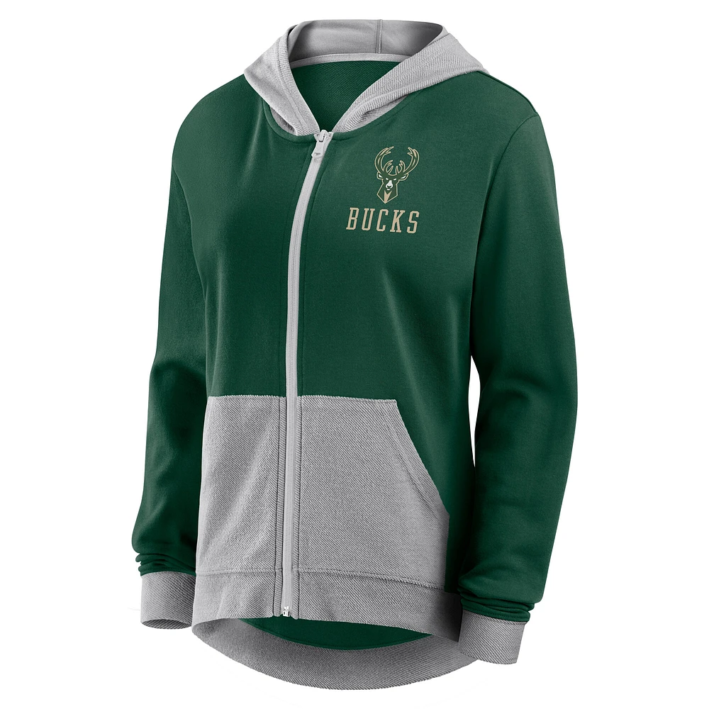 Sweat à capuche zippé en French Terry Hit It vert chasseur pour femme des Milwaukee Bucks