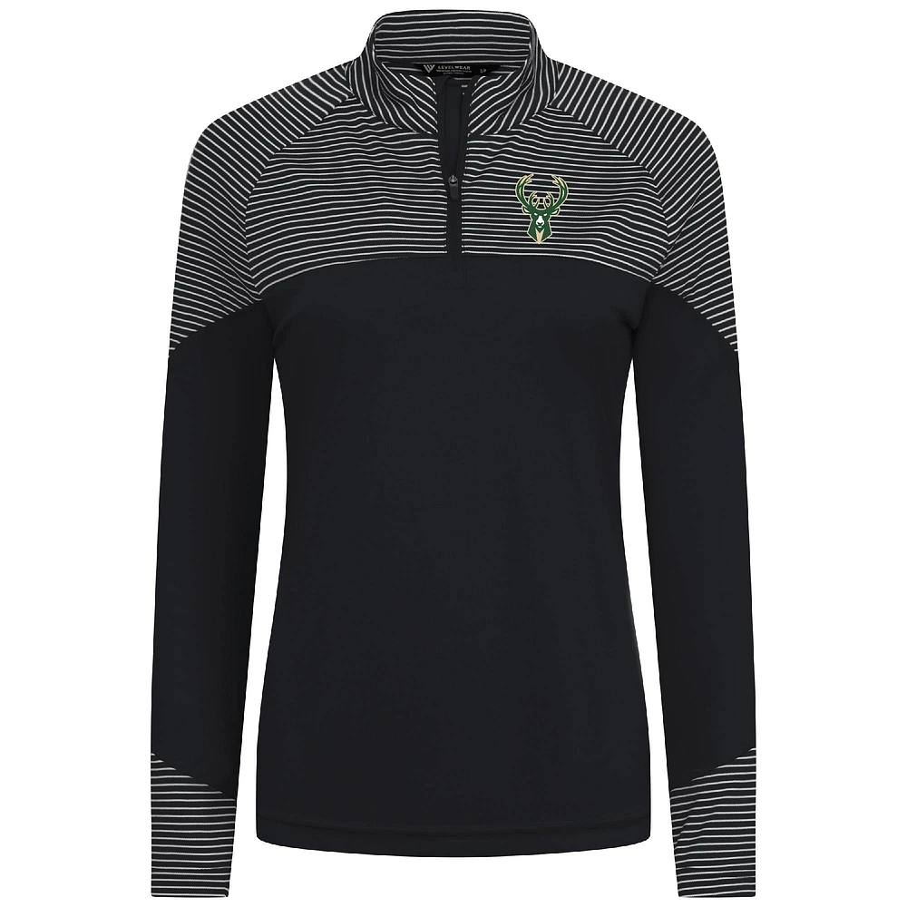 Women's Levelwear Black Milwaukee Bucks Classic Stripes Quarter-Zip Top