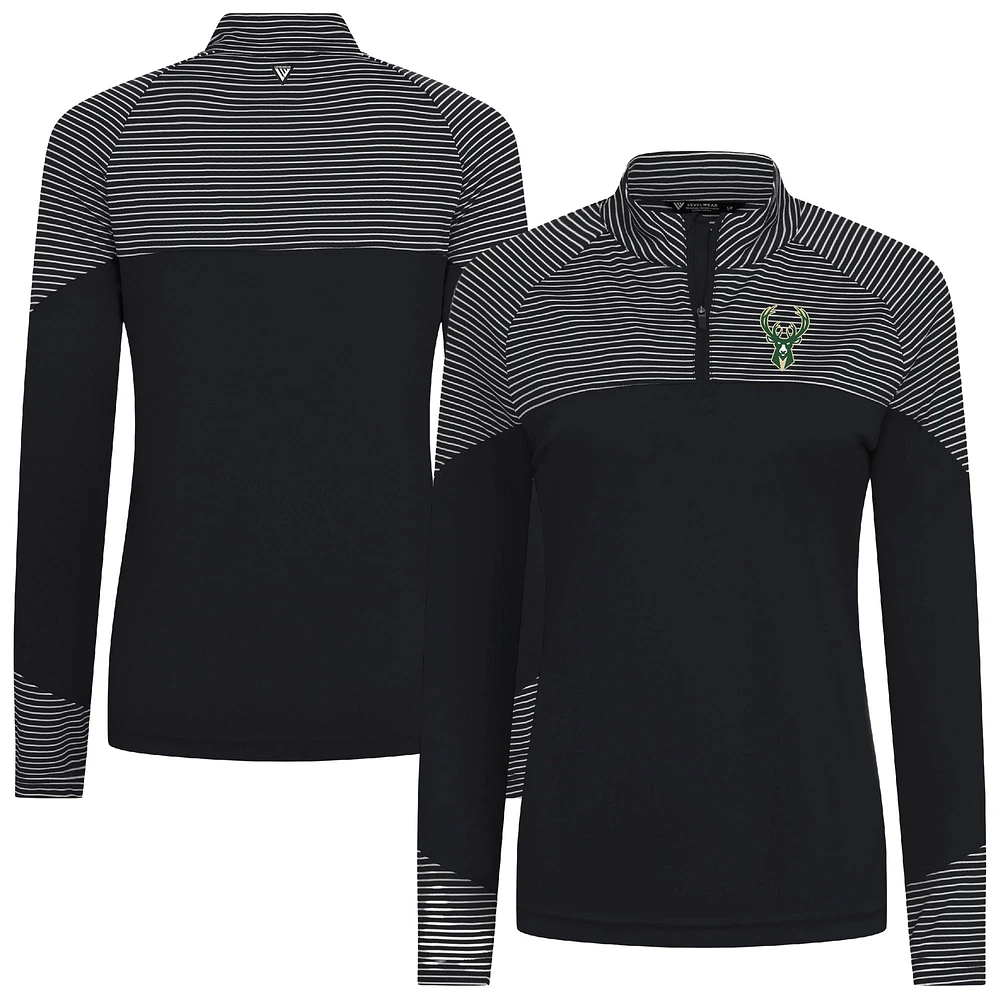 Women's Levelwear Black Milwaukee Bucks Classic Stripes Quarter-Zip Top