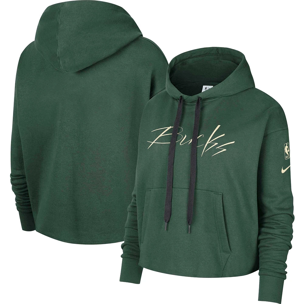 Women's Nike Hunter Green Milwaukee Bucks Split Flip Courtside Cropped Pullover Hoodie