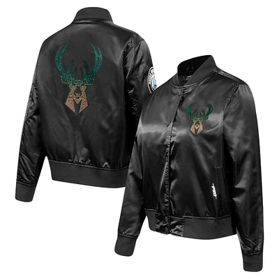 Women's Pro Standard Black Milwaukee Bucks Jeweled Satin Full-Snap Jacket