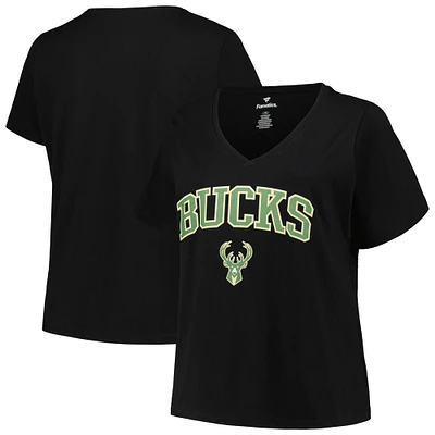 Women's Profile Black Milwaukee Bucks Plus Arch Over Logo V-Neck T-Shirt