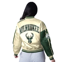 Women's Starter  Cream/Hunter Green Milwaukee Bucks Zone Blitz Cropped Full-Snap Satin Jacket