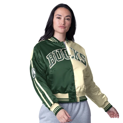 Women's Starter  Cream/Hunter Green Milwaukee Bucks Zone Blitz Cropped Full-Snap Satin Jacket