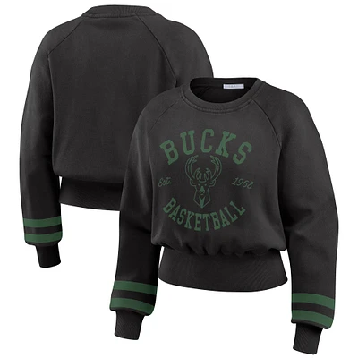 Women's WEAR by Erin Andrews Black Milwaukee Bucks Vintage Raglan Cropped Pullover Sweatshirt