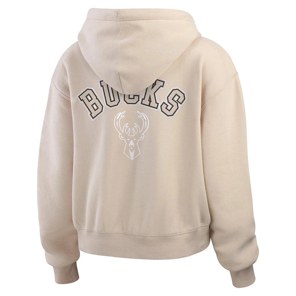 Women's WEAR by Erin Andrews Cream Milwaukee Bucks Plus Tonal Felt Patch Full-Zip Hoodie