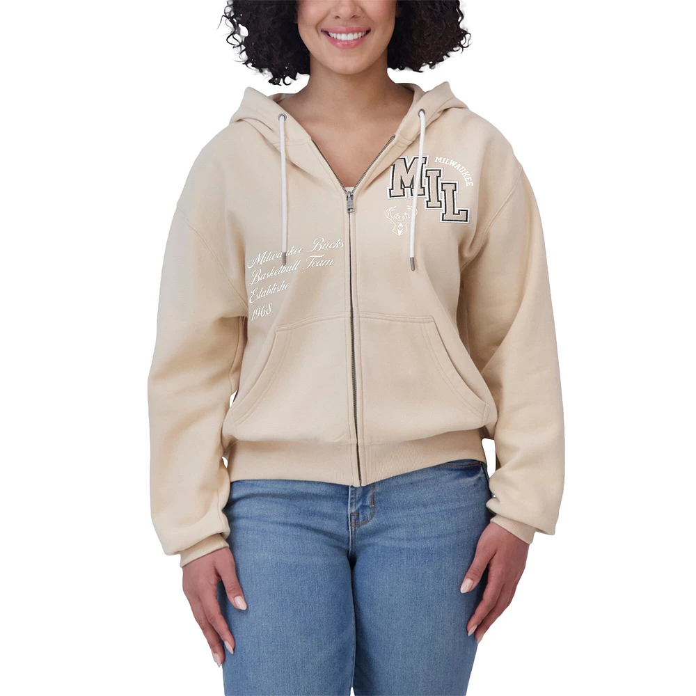 Women's WEAR by Erin Andrews Cream Milwaukee Bucks Plus Tonal Felt Patch Full-Zip Hoodie