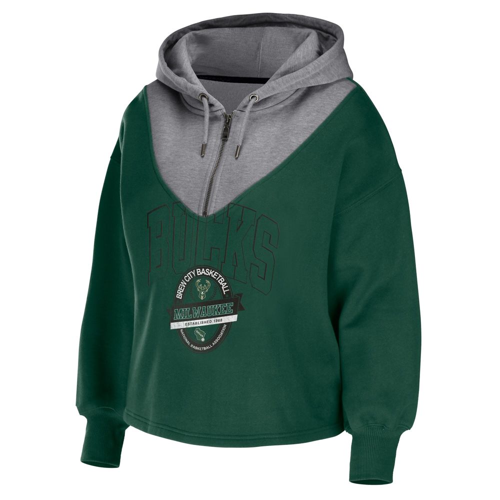 Women's WEAR by Erin Andrews Hunter Green Milwaukee Bucks Pieced Quarter-Zip Hoodie Jacket