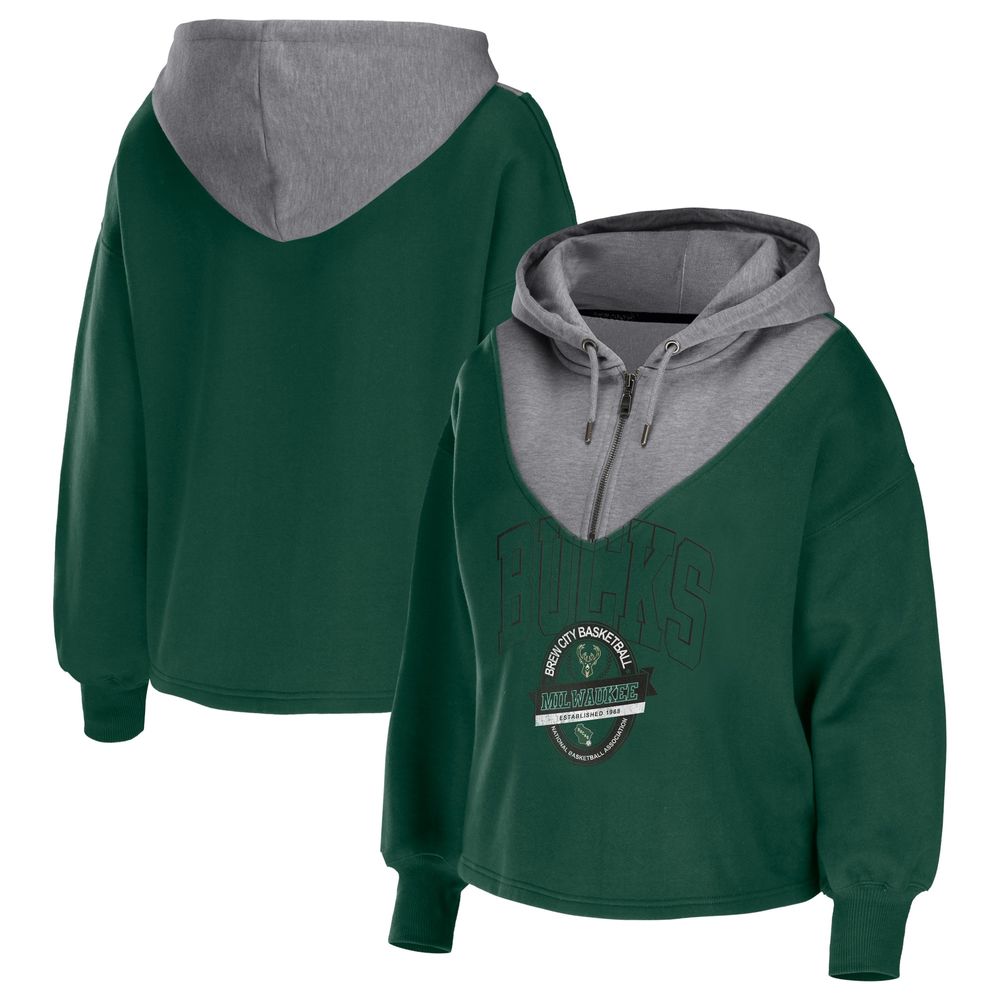 Women's WEAR by Erin Andrews Hunter Green Milwaukee Bucks Pieced Quarter-Zip Hoodie Jacket