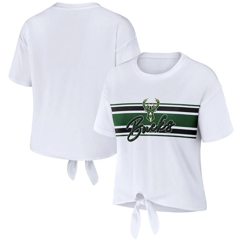 Women's WEAR by Erin Andrews  White Milwaukee Bucks Tie-Front T-Shirt