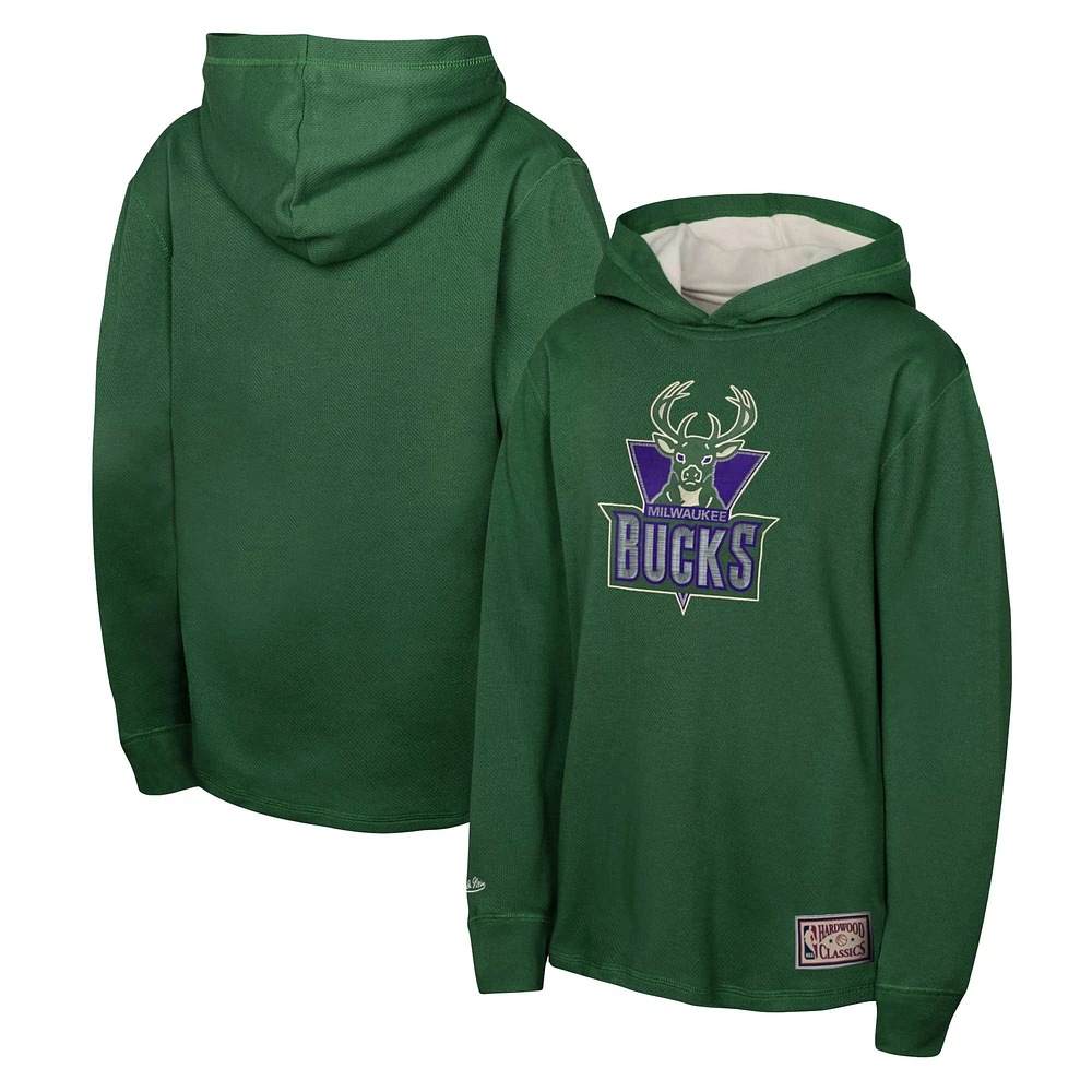 T-shirt à capuche thermique léger manches longues pour jeunes Mitchell & Ness Green Milwaukee Bucks Hardwood Classics