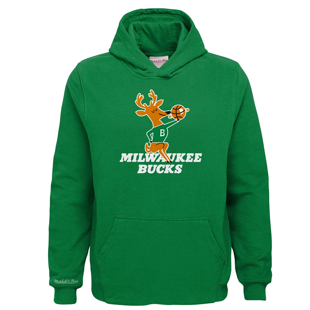 Youth Mitchell & Ness Green Milwaukee Bucks Hardwood Classics Retro Logo Pullover Hoodie