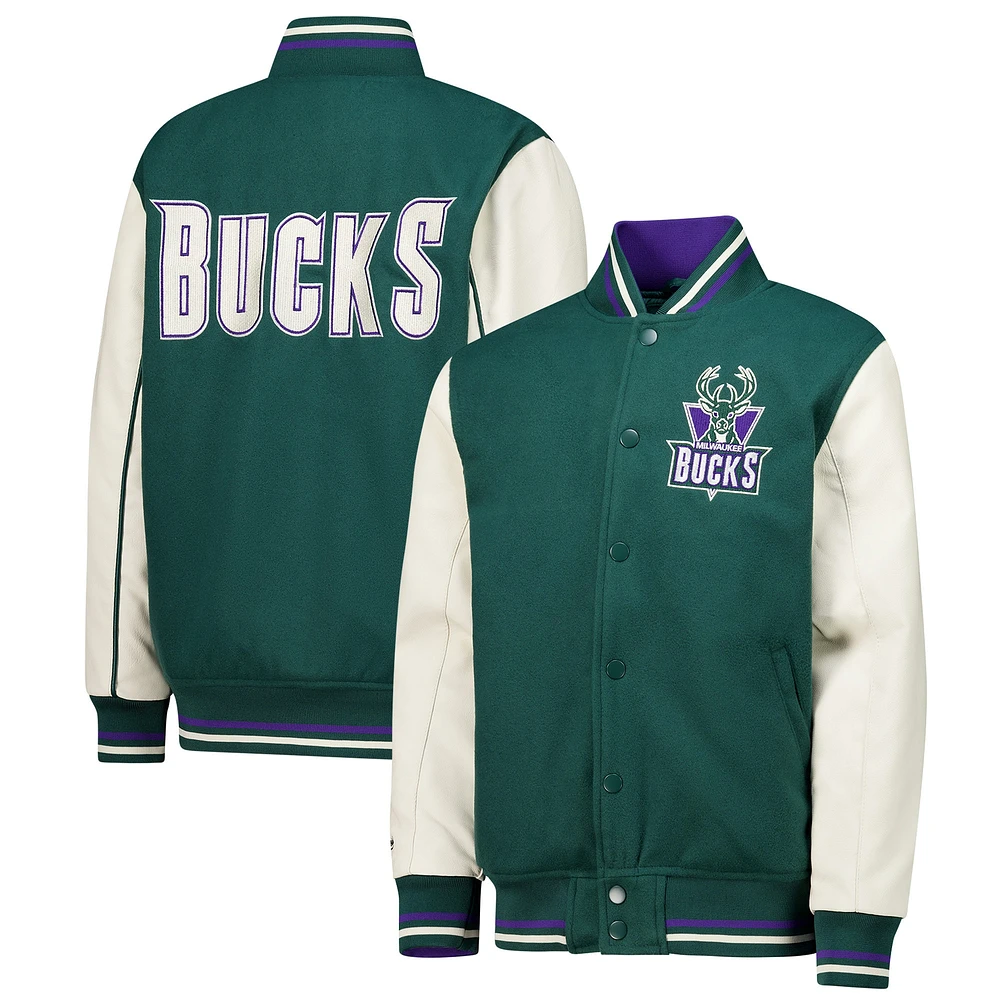 Veste universitaire à boutons-pression complète Mitchell & Ness Hunter Green Milwaukee Bucks pour jeunes