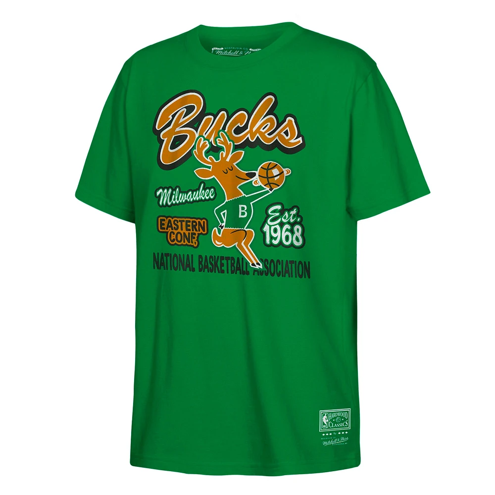 Youth Mitchell & Ness Kelly Green Milwaukee Bucks Retro Mascot Script T-Shirt