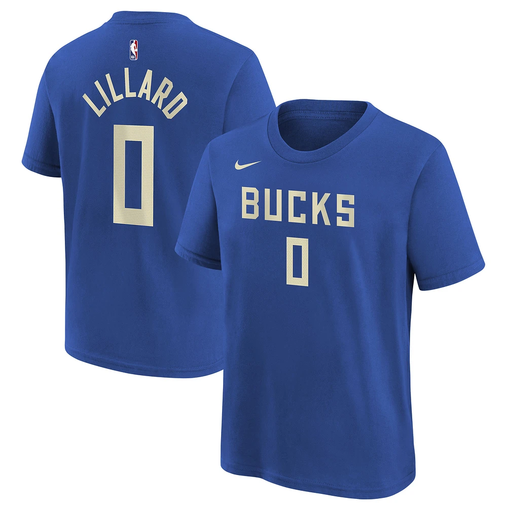 T-shirt Nike Royal Milwaukee Bucks 2024/25 City Edition avec nom et numéro pour jeune Damian Lillard