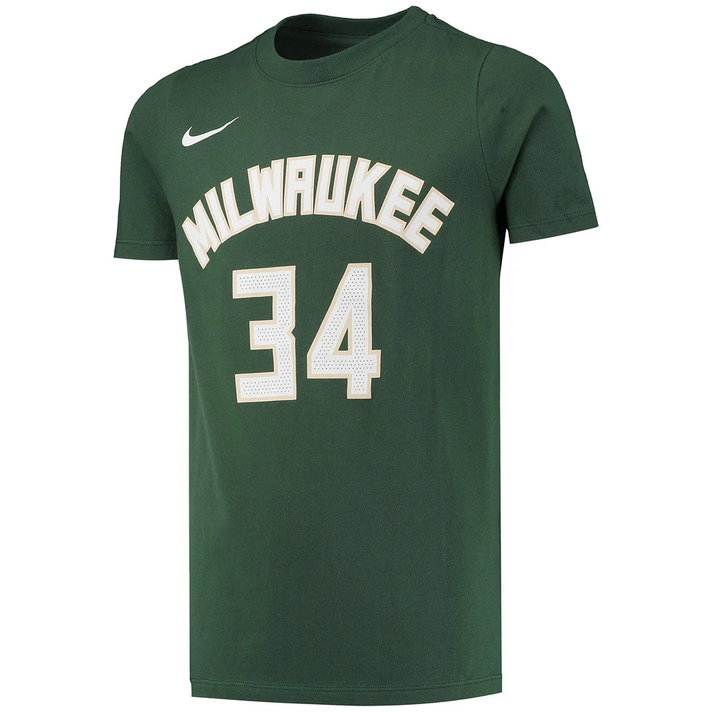 T-shirt Performance Nike Giannis Antetokounmpo Hunter Green Milwaukee Bucks Logo Name & Number pour jeune