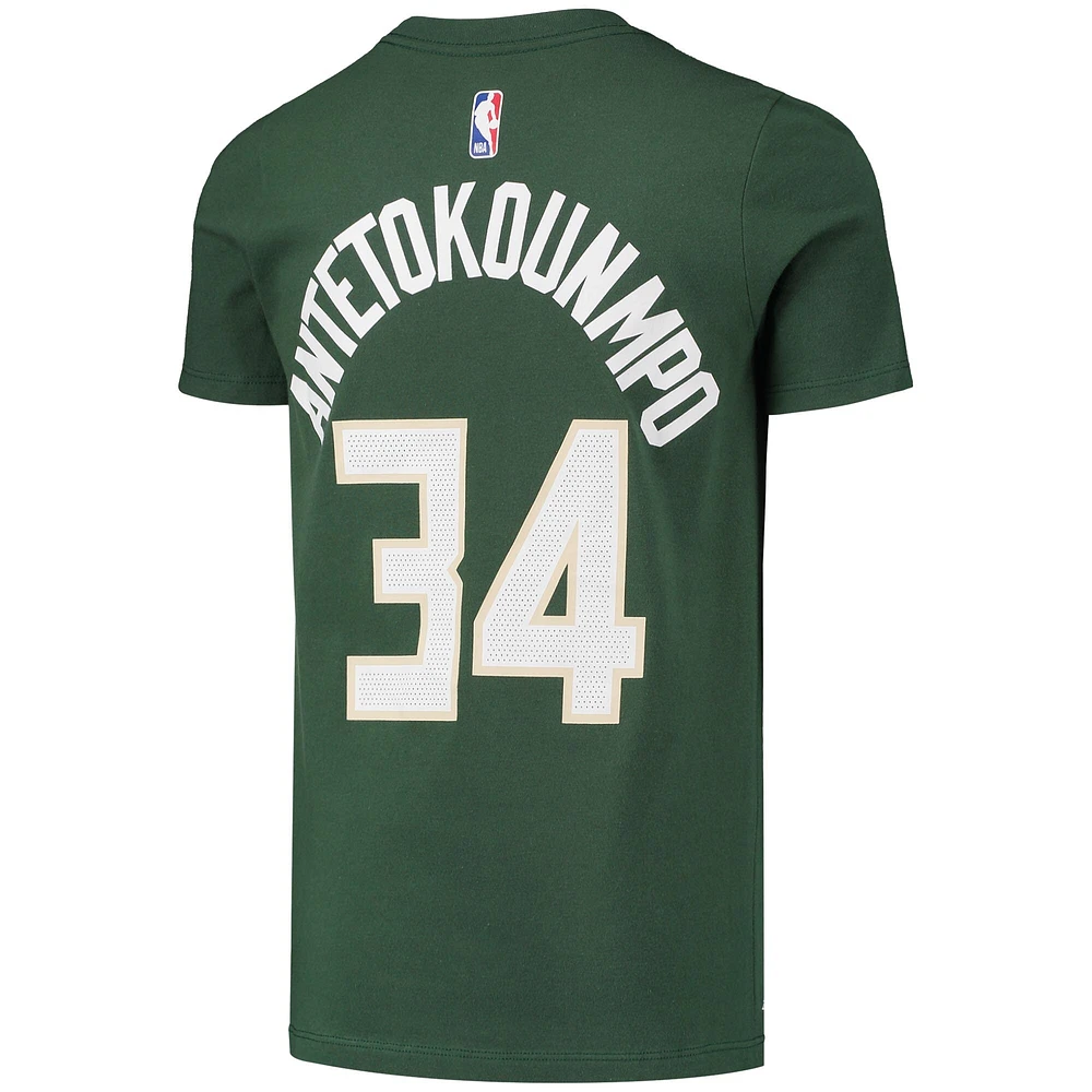 T-shirt Performance Nike Giannis Antetokounmpo Hunter Green Milwaukee Bucks Logo Name & Number pour jeune