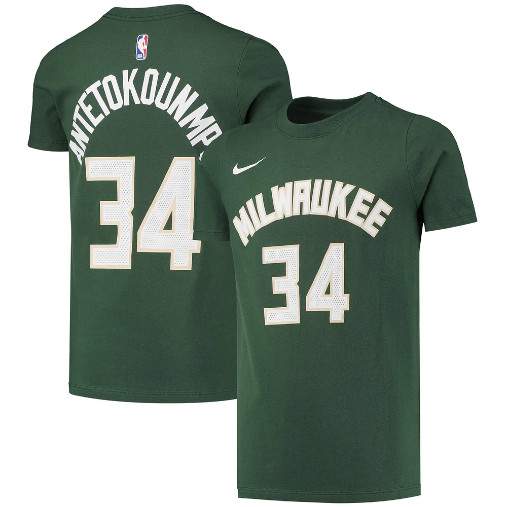 T-shirt Performance Nike Giannis Antetokounmpo Hunter Green Milwaukee Bucks Logo Name & Number pour jeune