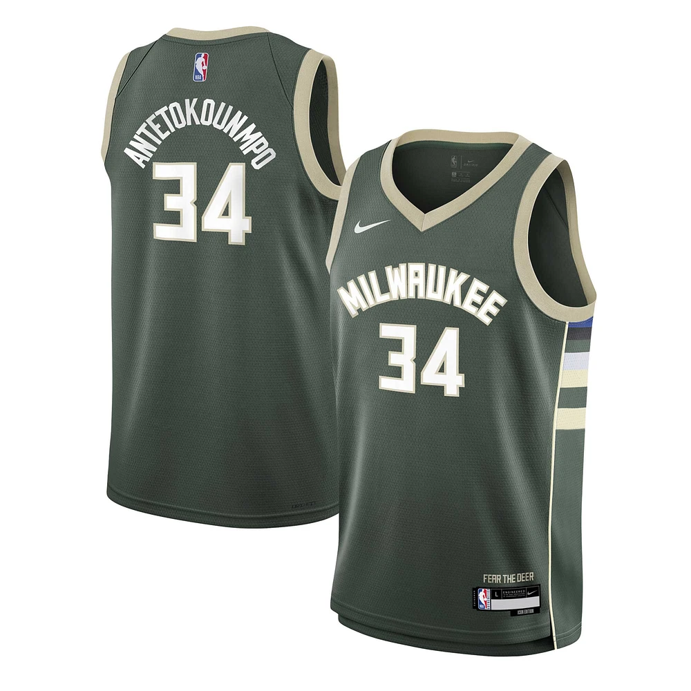 Maillot Nike Giannis Antetokounmpo Hunter Green Milwaukee Bucks Swingman pour jeune - Édition Icon