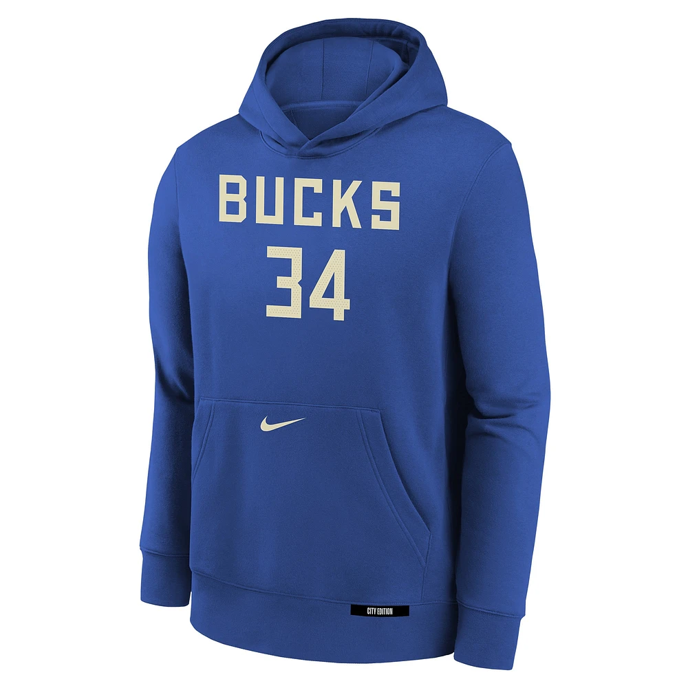 Sweat à capuche Nike Giannis Antetokounmpo Royal Milwaukee Bucks 2024/25 City Edition avec nom et numéro pour jeune