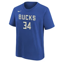 T-shirt Nike Giannis Antetokounmpo Royal Milwaukee Bucks 2024/25 City Edition pour jeune avec nom et numéro