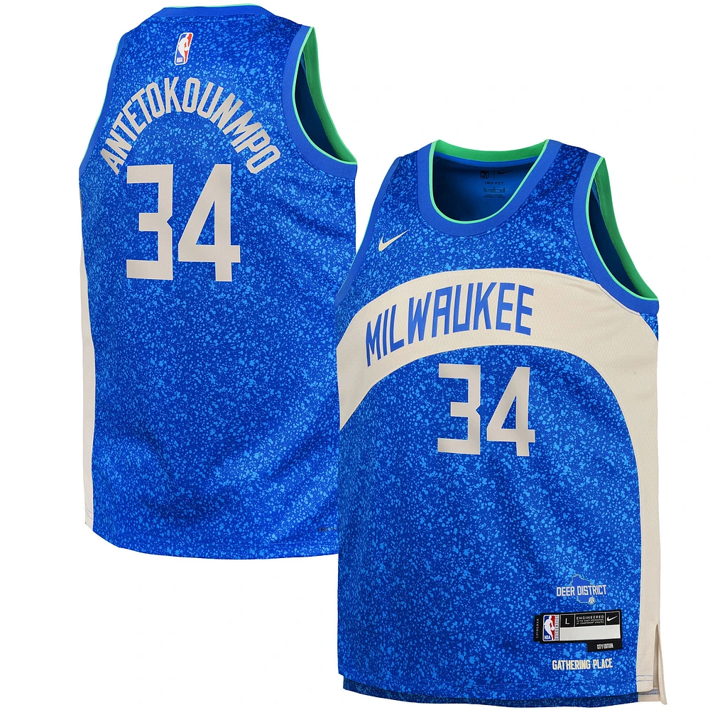 Maillot Nike Swingman Giannis Antetokounmpo Royal Milwaukee Bucks pour jeunes - Édition Ville