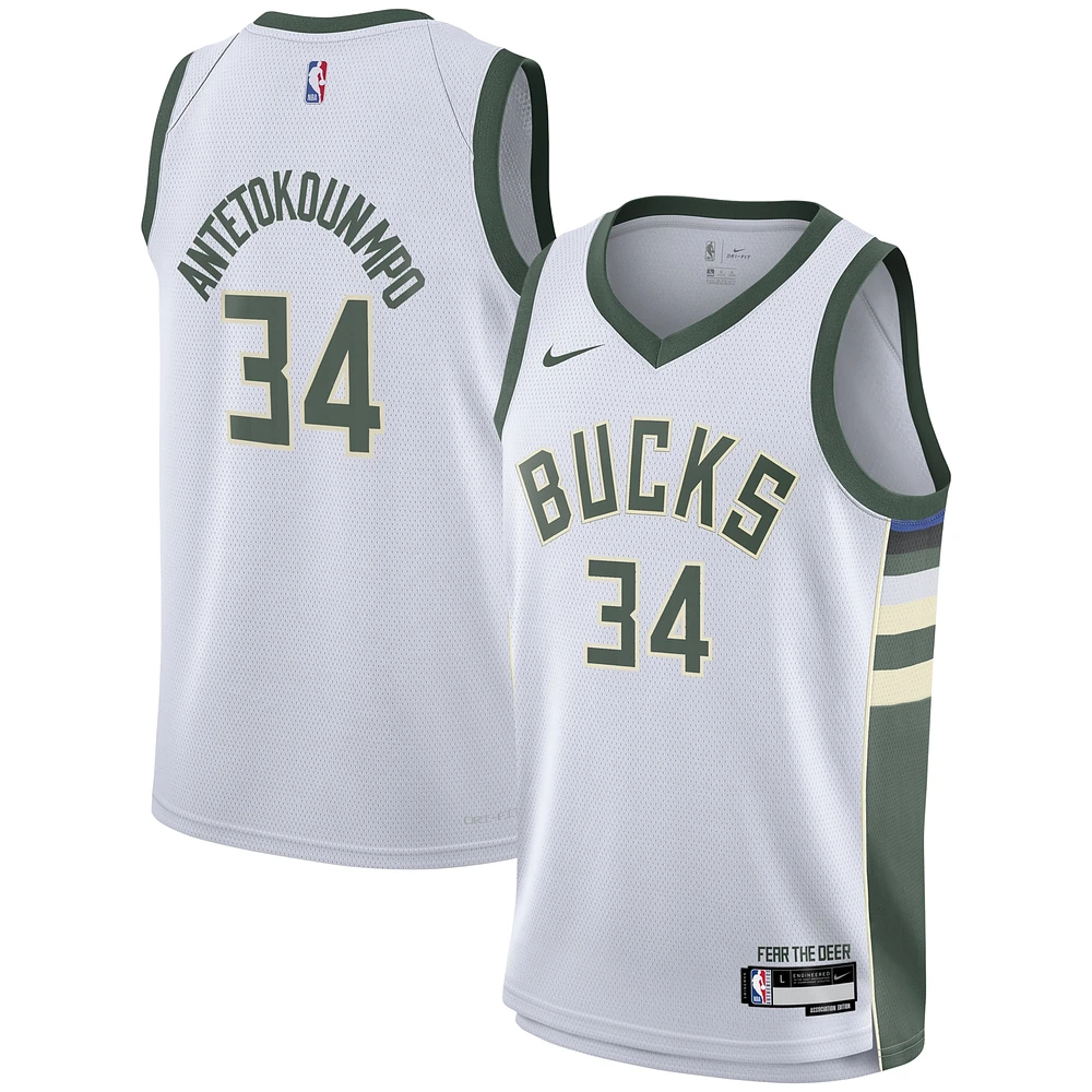 Maillot Nike Swingman Giannis Antetokounmpo blanc pour jeunes des Milwaukee Bucks - Édition Association