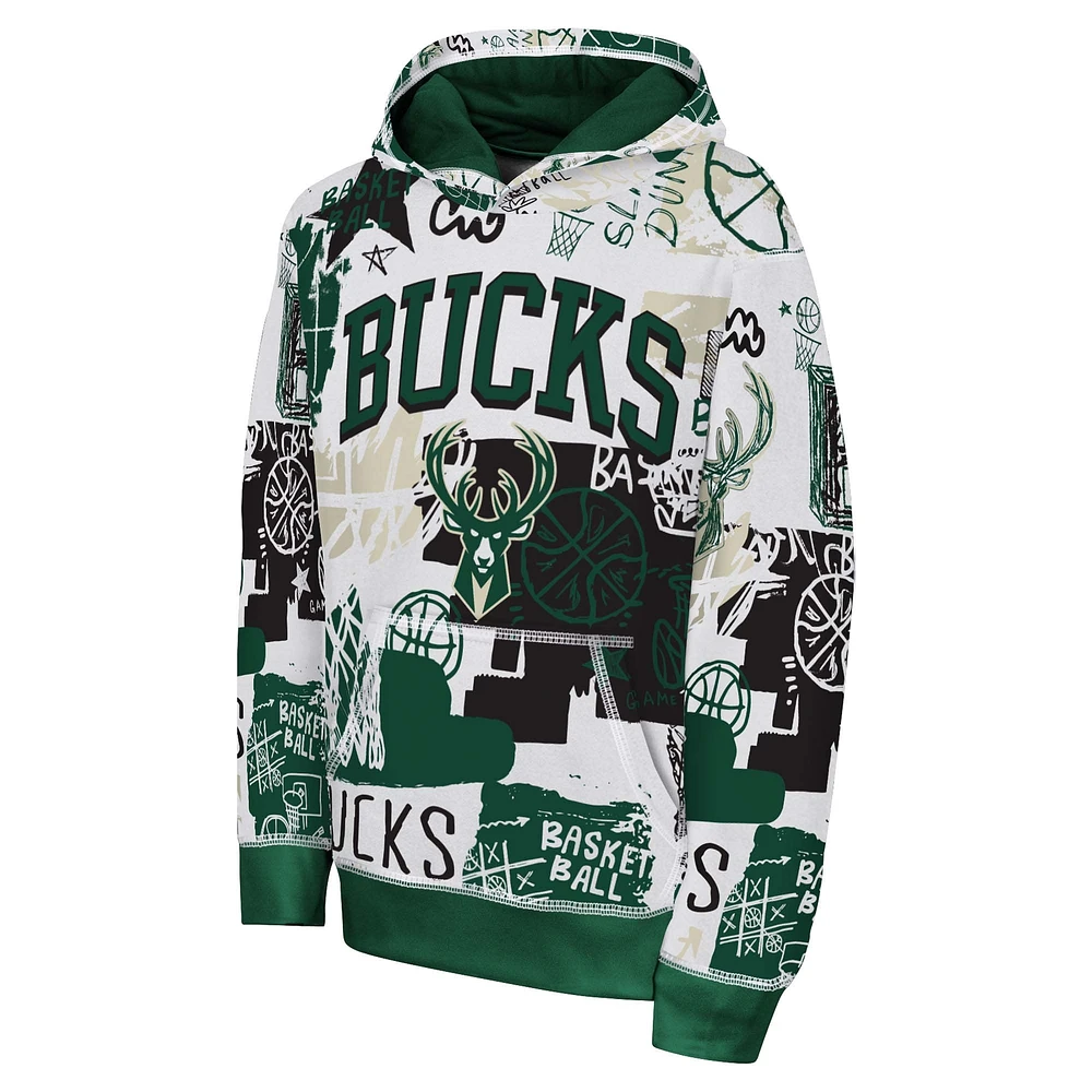 Youth White/Hunter Green Milwaukee Bucks Wild Style Pullover Hoodie