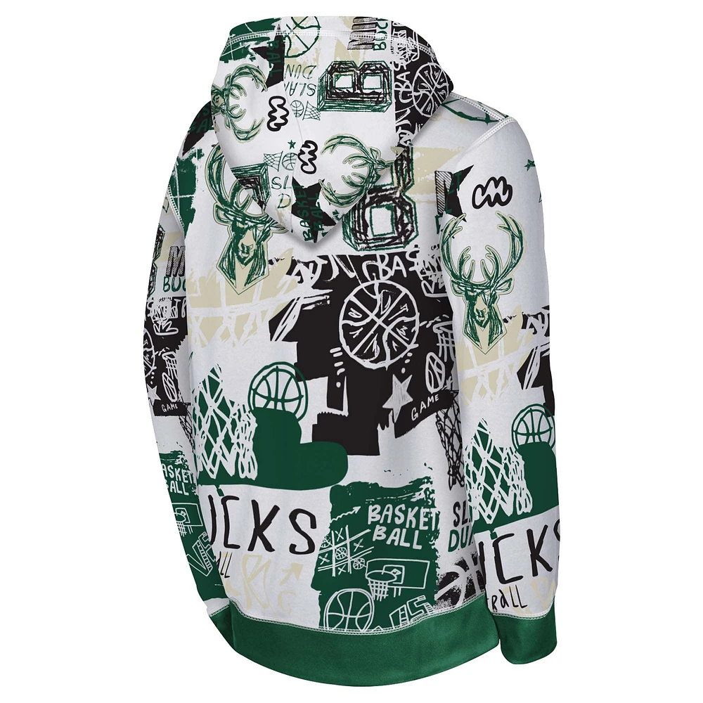 Youth White/Hunter Green Milwaukee Bucks Wild Style Pullover Hoodie