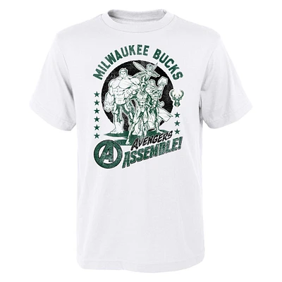 Youth White Milwaukee Bucks NBA x Marvel Avengers Squad T-Shirt